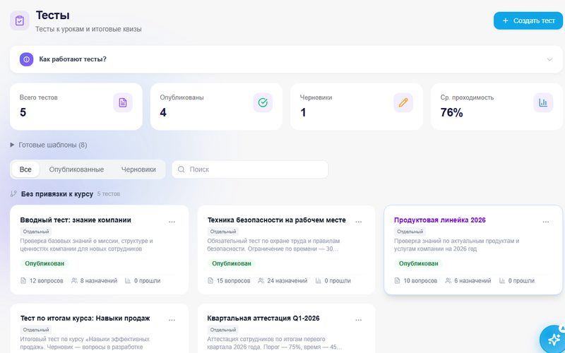 Тесты: ограничение по времени, число вопросов, назначения
